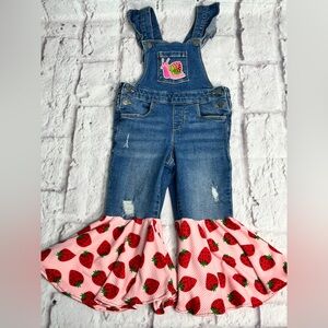 Upcycled girls overalls with strawberry flare bell bottoms size 3t